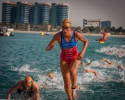 ABU DHABI, UAE (MARCH 5, 2016) -- Carolina Routier of Spain finishes the first lap of the swim at the season opening race for the 2016 ITU World Triathlon Series.