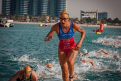 ABU DHABI, UAE (MARCH 5, 2016) -- Carolina Routier of Spain finishes the first lap of the swim at the season opening race for the 2016 ITU World Triathlon Series.
